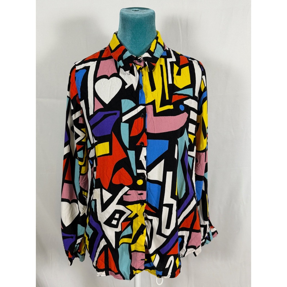 Big Dart Abstract Pop Art Geometric Print Button Down‎ Shirt Multicolor Women 44